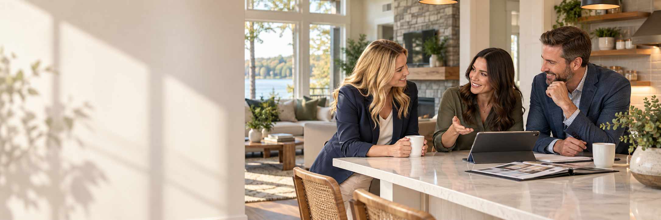A photo of a couple and real estate agent in kitchen
